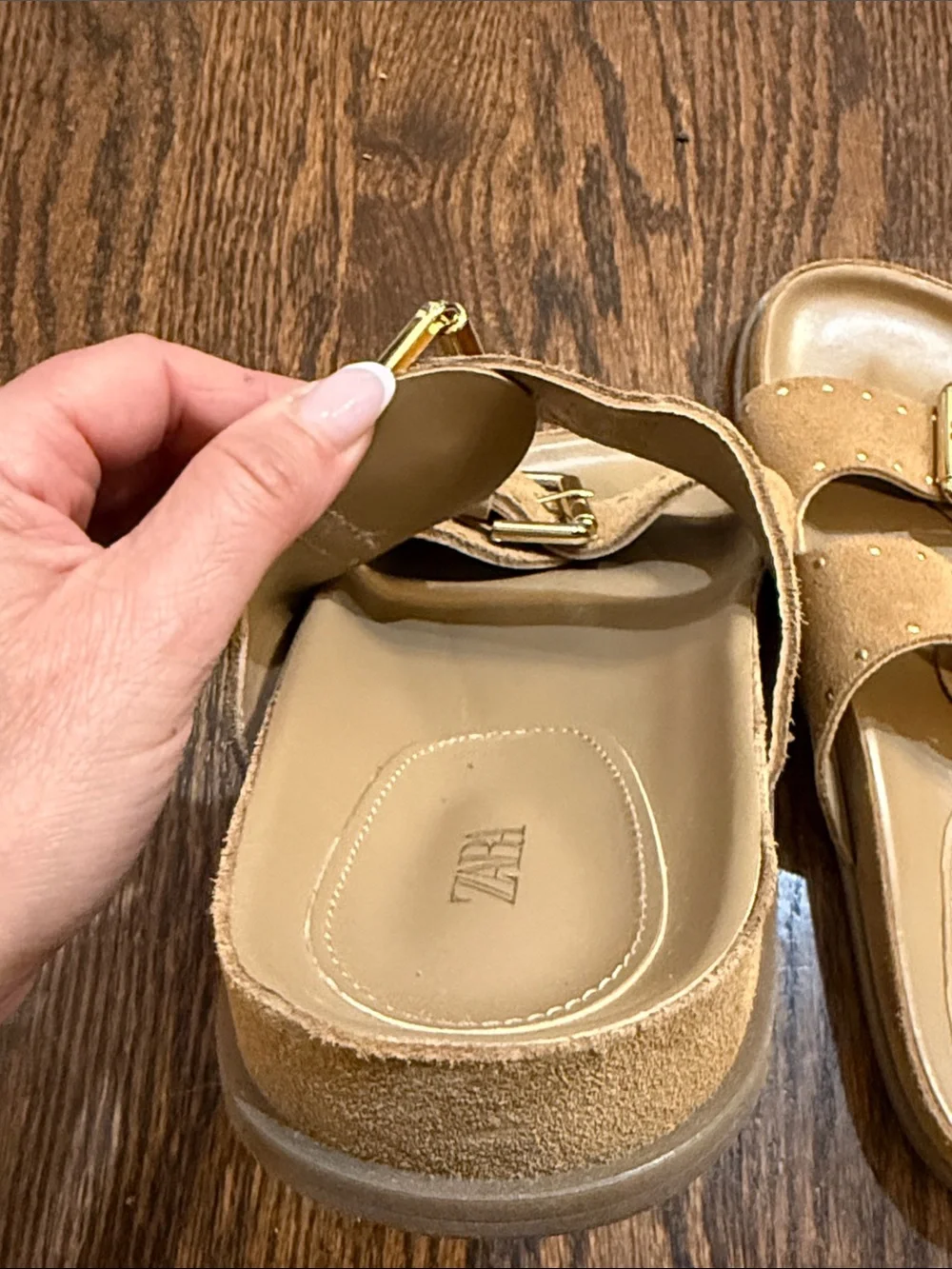 Zara Tan Suede Double Buckle Slide Sandals with Gold Hardware - Picture 10 of 10